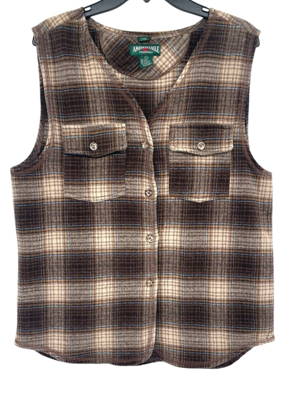 Vintage American Eagle Vest Womens Size L Brown Wool Blend Plaid Made in Italy